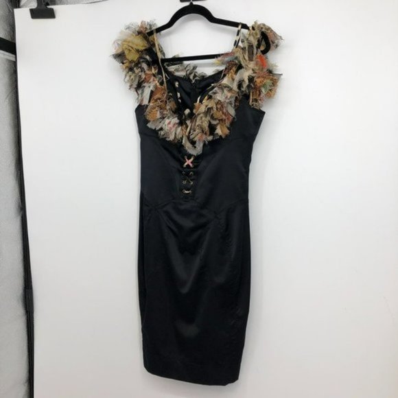 Just Cavalli Roberto black silk corset off shoulder Boa Scarf ruffle  neck Dress - Picture 13 of 13